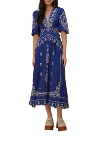 Robe midi brodée à manches courtes en lin - Bleu