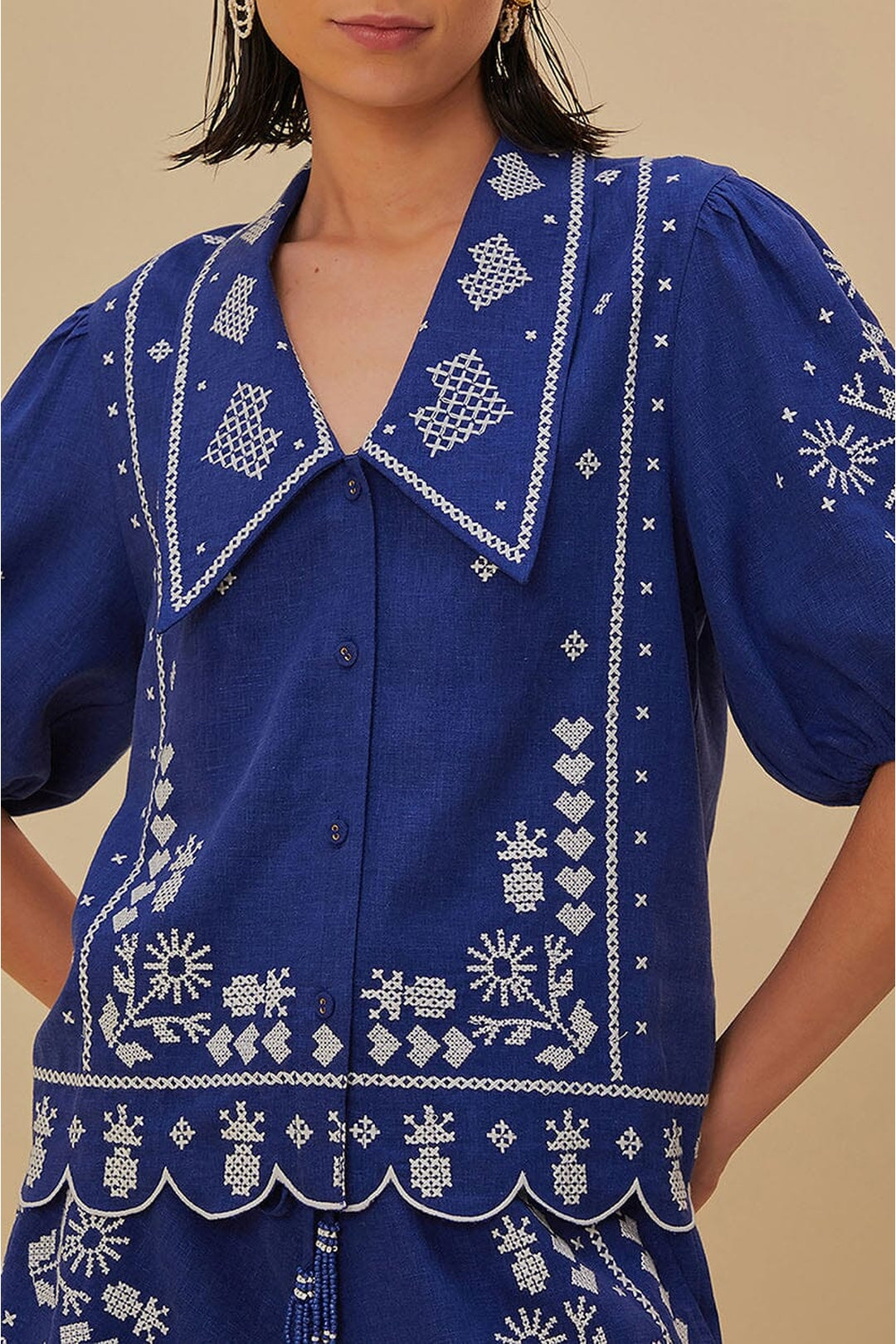 Chemise brodée à manches courtes en lin - Bleu