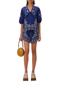 Chemise brodée à manches courtes en lin - Bleu