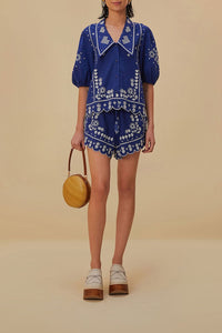 Chemise brodée à manches courtes en lin - Bleu