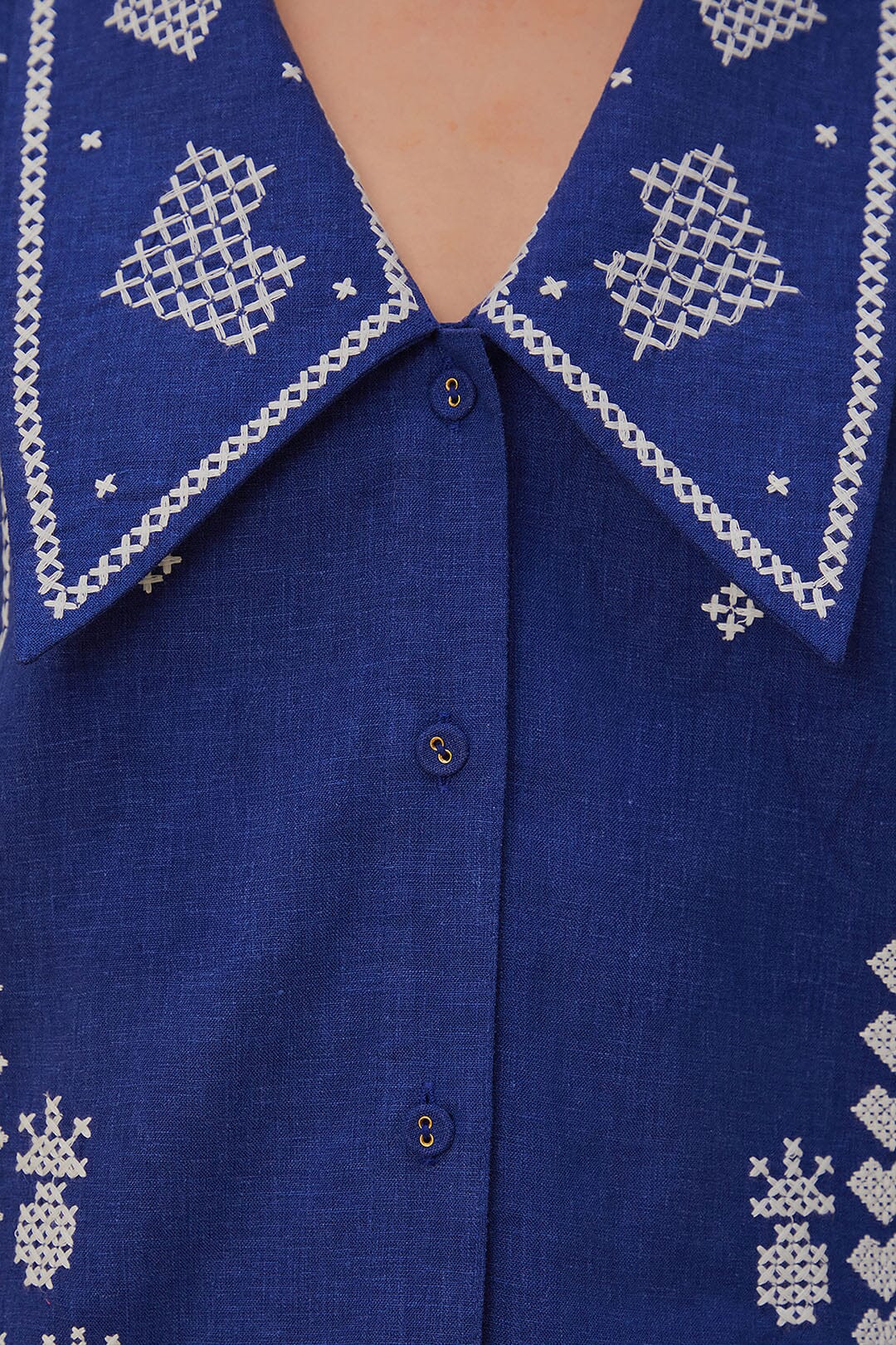 Chemise brodée à manches courtes en lin - Bleu
