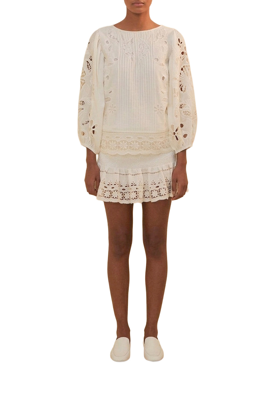 Blouse Richelieu à manches courtes en coton - Blanc