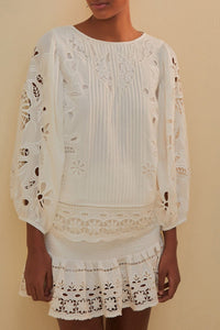 Blouse Richelieu à manches courtes en coton - Blanc