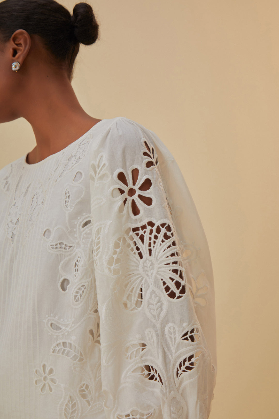 Blouse Richelieu à manches courtes en coton - Blanc