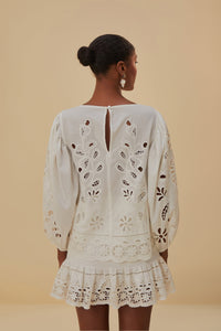 Blouse Richelieu à manches courtes en coton - Blanc