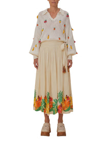 Midi skirt with a side bow and embroidered fruit motifs, made from cotton - White
