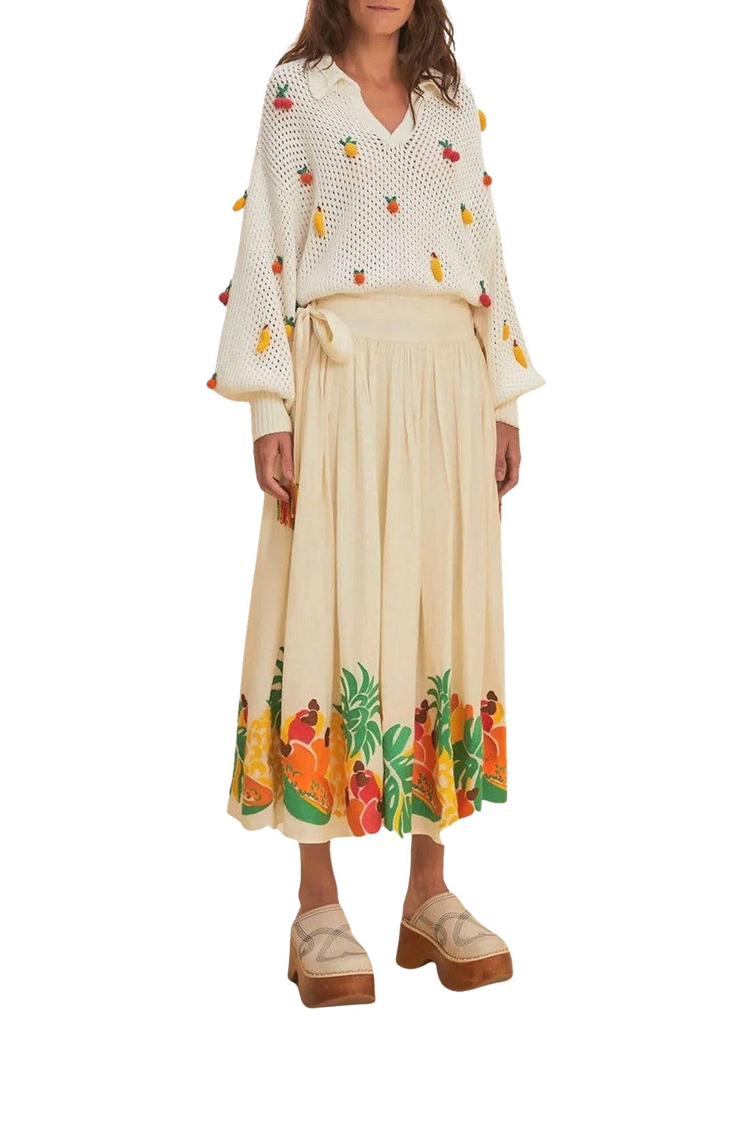 Jupe midi à nœud latéral et fruits brodés en coton - Blanc