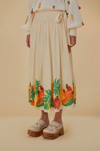 Jupe midi à nœud latéral et fruits brodés en coton - Blanc
