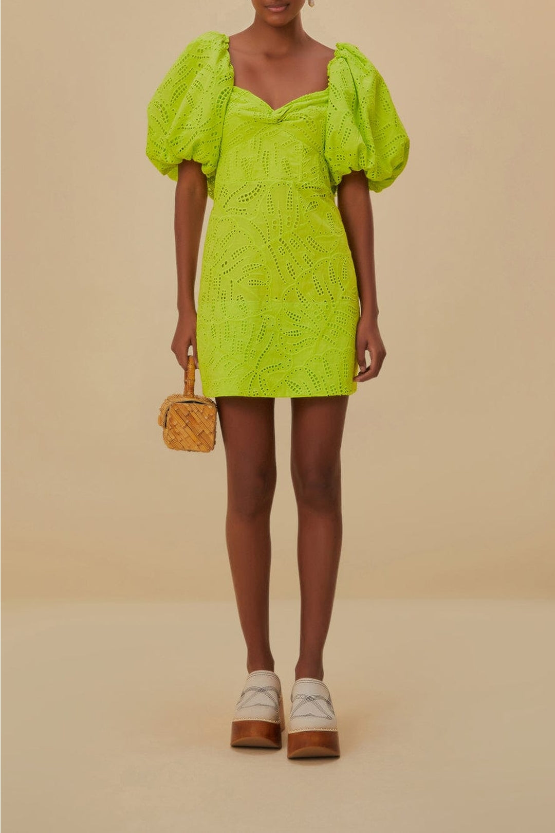 Robe courte Monstera à manches courtes en coton - Vert