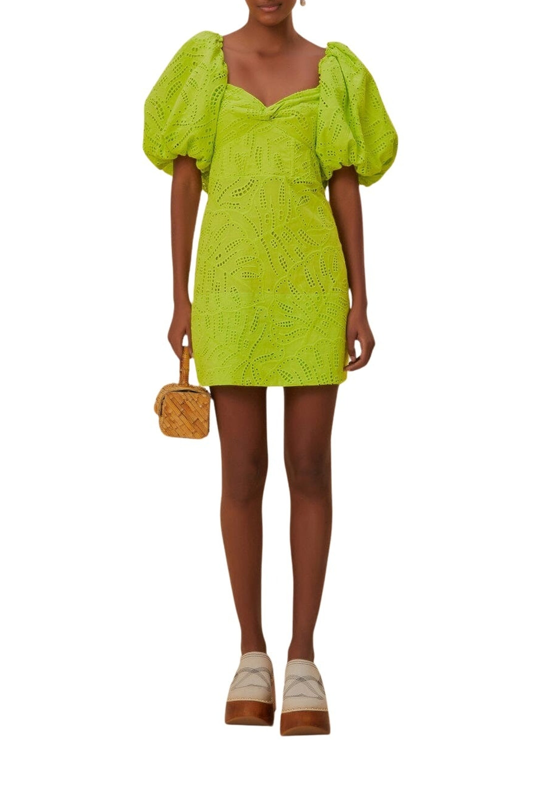 Robe courte Monstera à manches courtes en coton - Vert