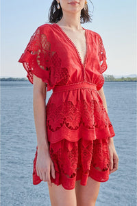 Robe courte Richelieu en coton - Rouge