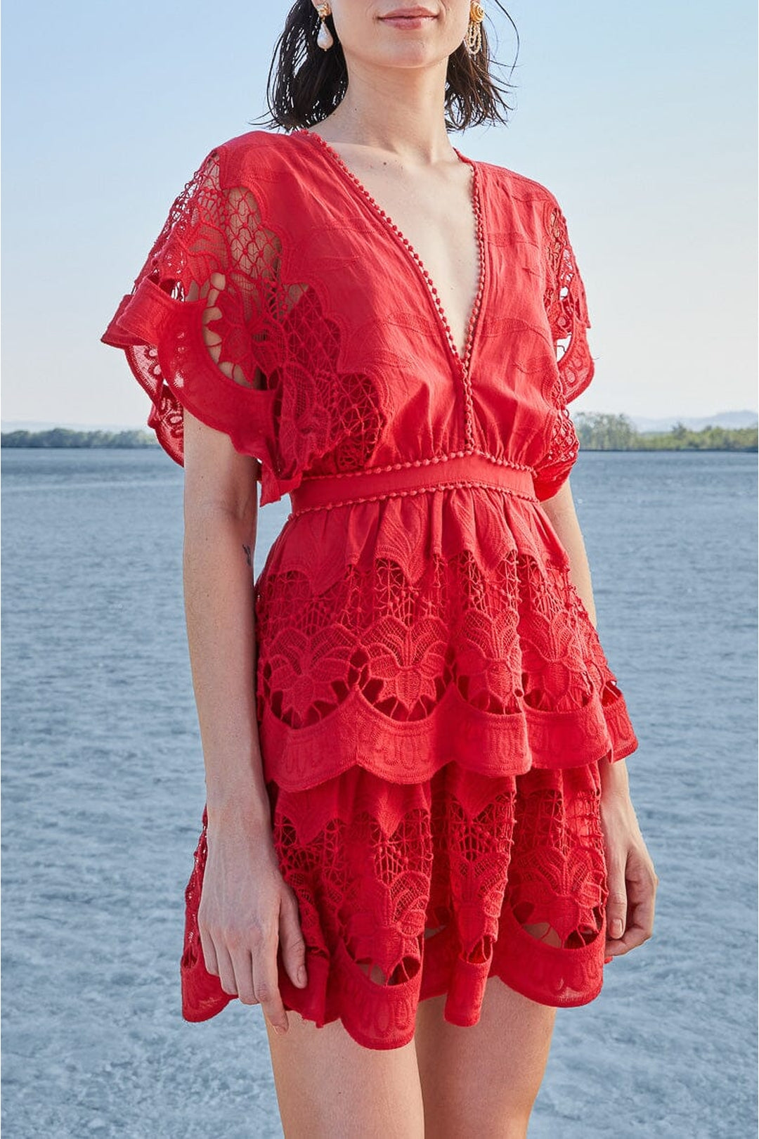 Robe courte Richelieu en coton - Rouge