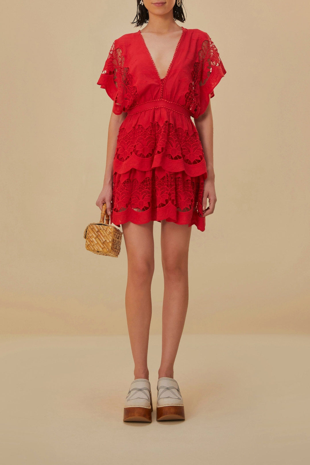 Robe courte Richelieu en coton - Rouge