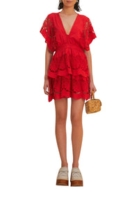 Robe courte Richelieu en coton - Rouge