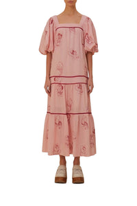 Robe longue The Kiss brodée à manches courtes - Rose
