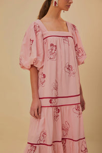 Robe longue The Kiss brodée à manches courtes - Rose