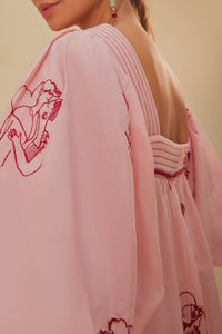 Robe longue The Kiss brodée à manches courtes - Rose