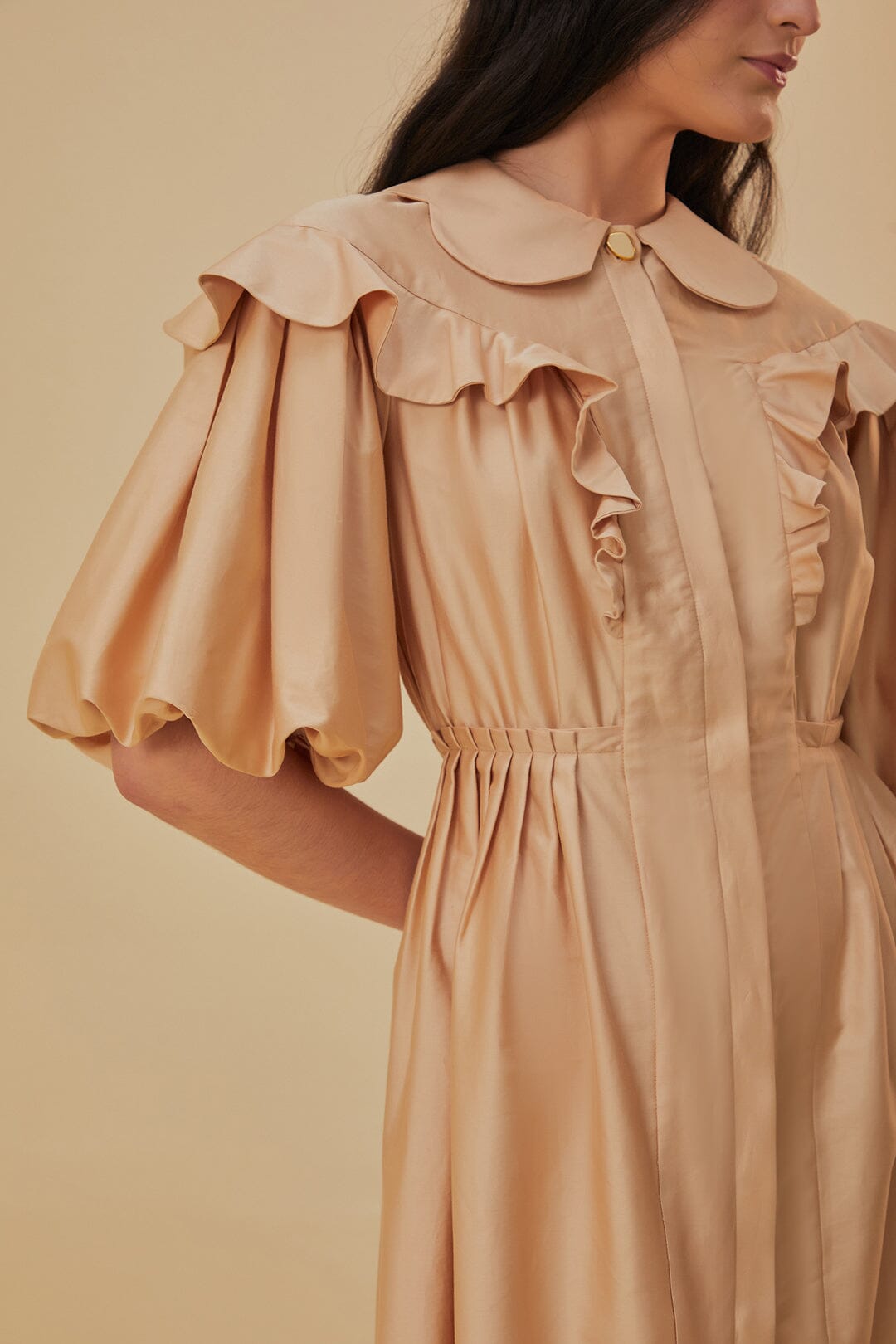 MEDIA OFF LINE_Robe courte à manches courtes en coton - Beige