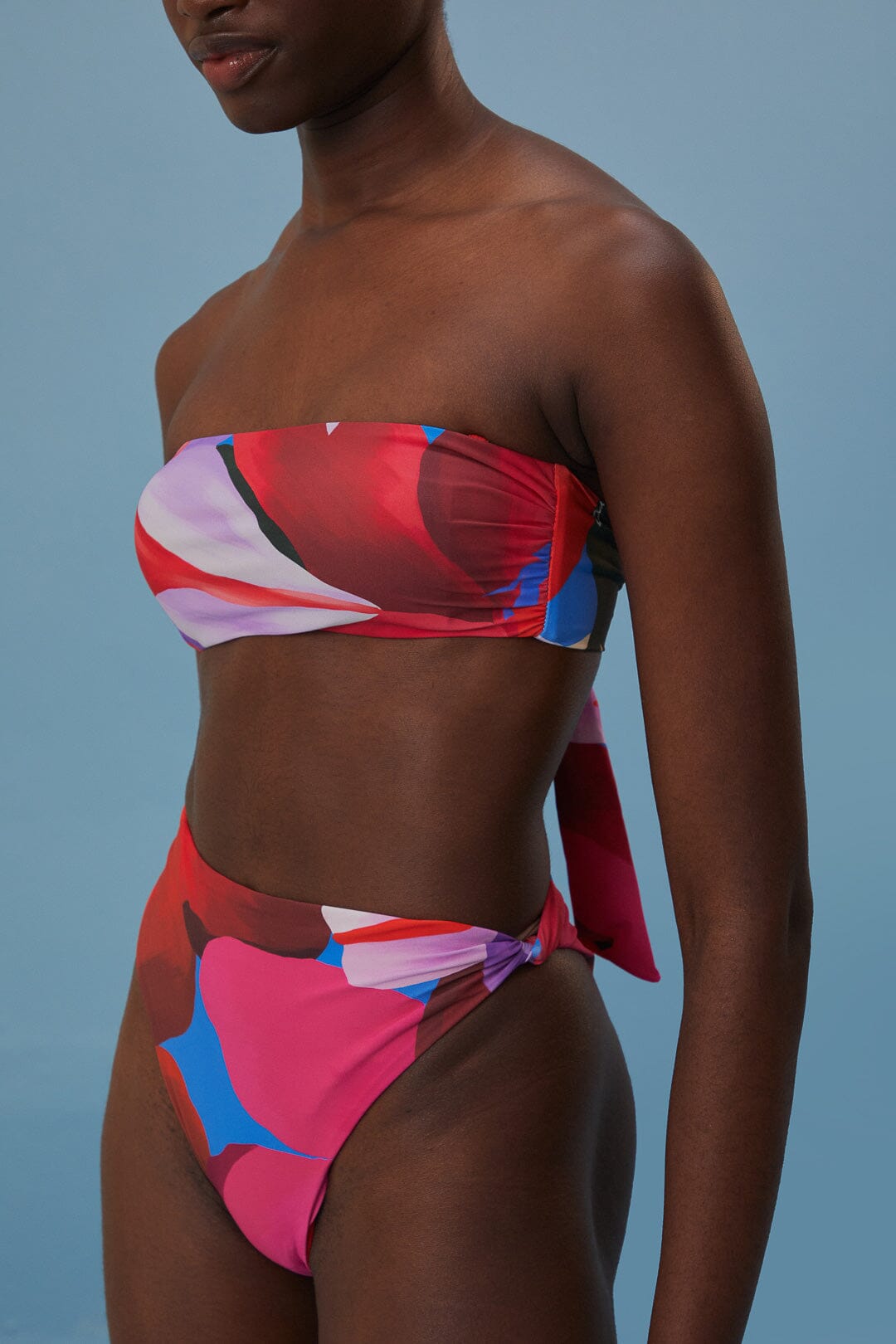 Bas de bikini taille haute aquarelle Flora - Bleu