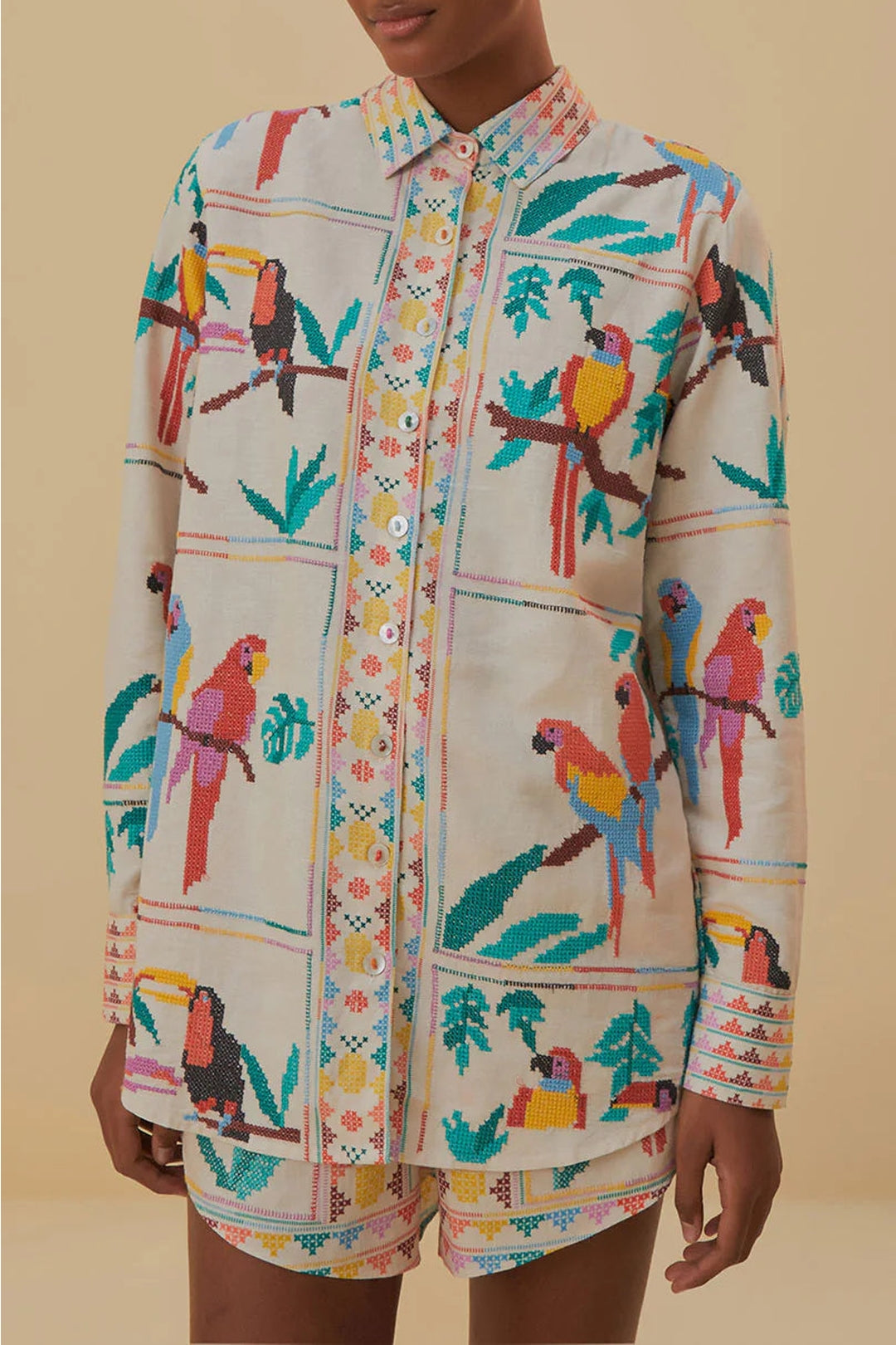 DJV_Stitched Birds Scarfs Off White Chemises & Blouses - Stitched Birds Scarfs Off White