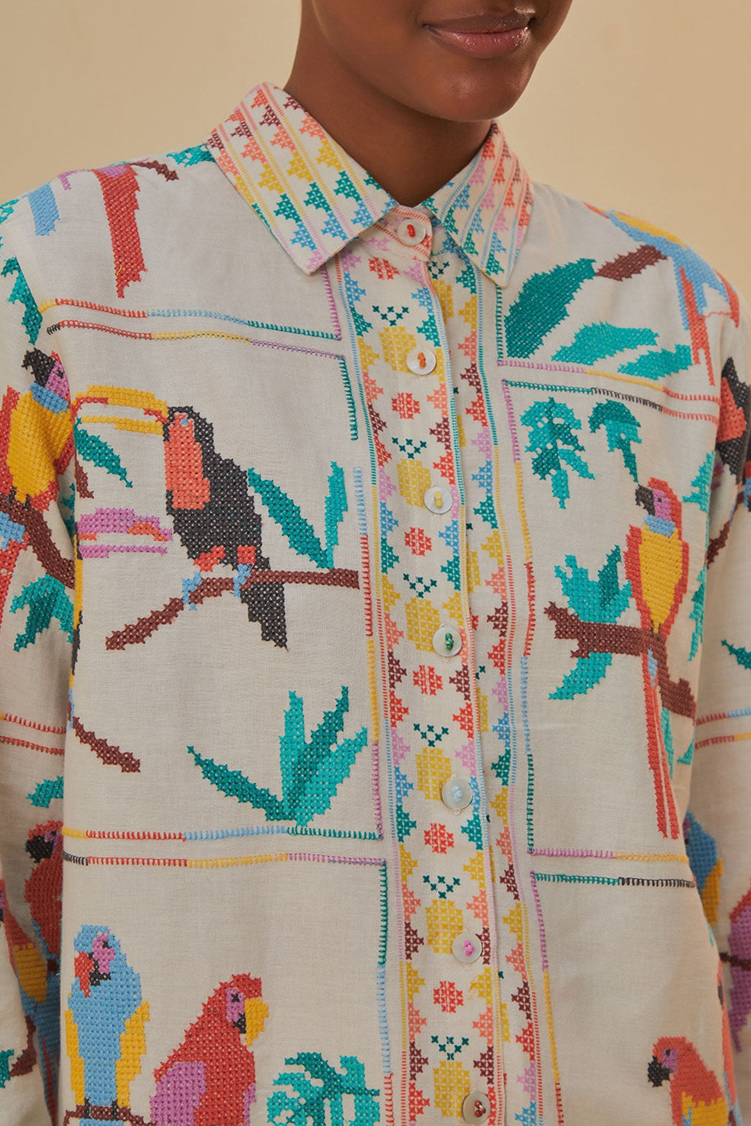 DJV_Stitched Birds Scarfs Off White Chemises & Blouses - Stitched Birds Scarfs Off White