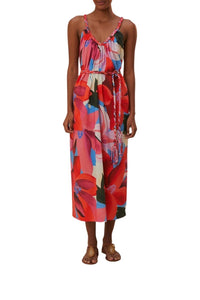 Robe midi à bretelles à fleurs aquarelle en coton - Bleu