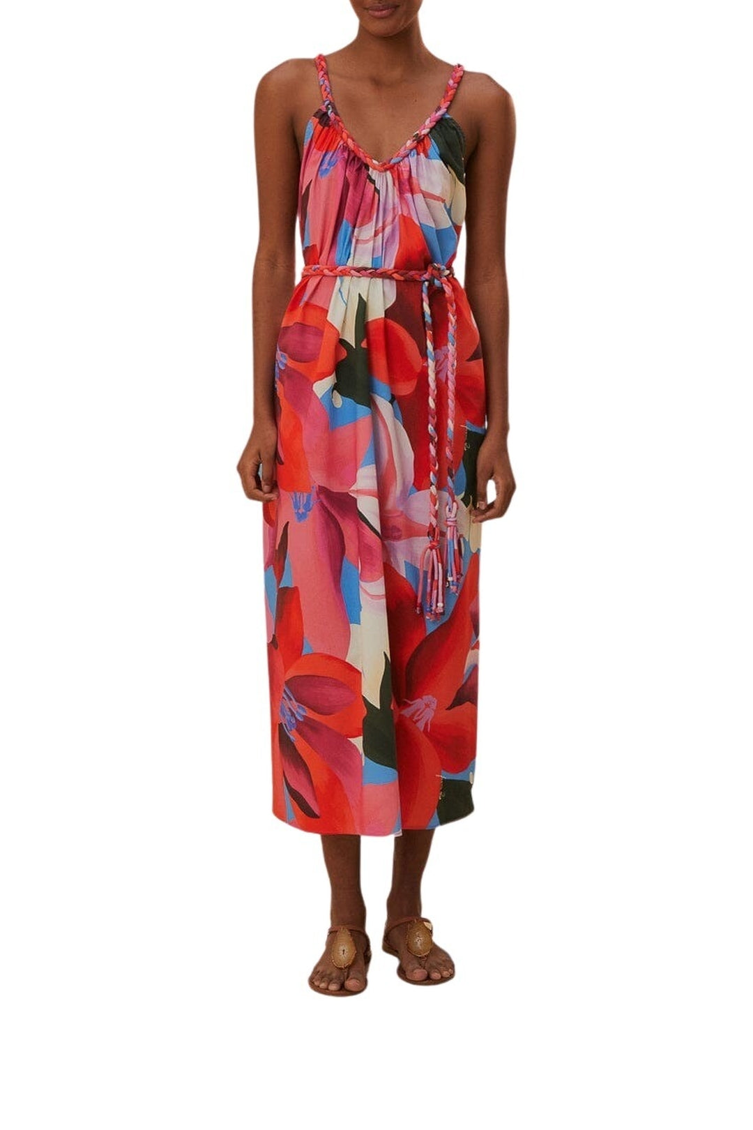 Robe midi à bretelles à fleurs aquarelle en coton - Bleu