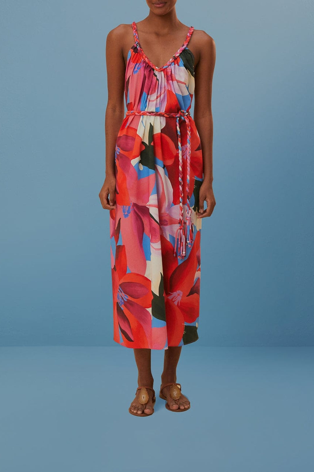Robe midi à bretelles à fleurs aquarelle en coton - Bleu