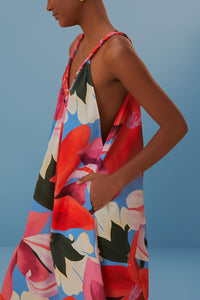 Robe midi à bretelles à fleurs aquarelle en coton - Bleu