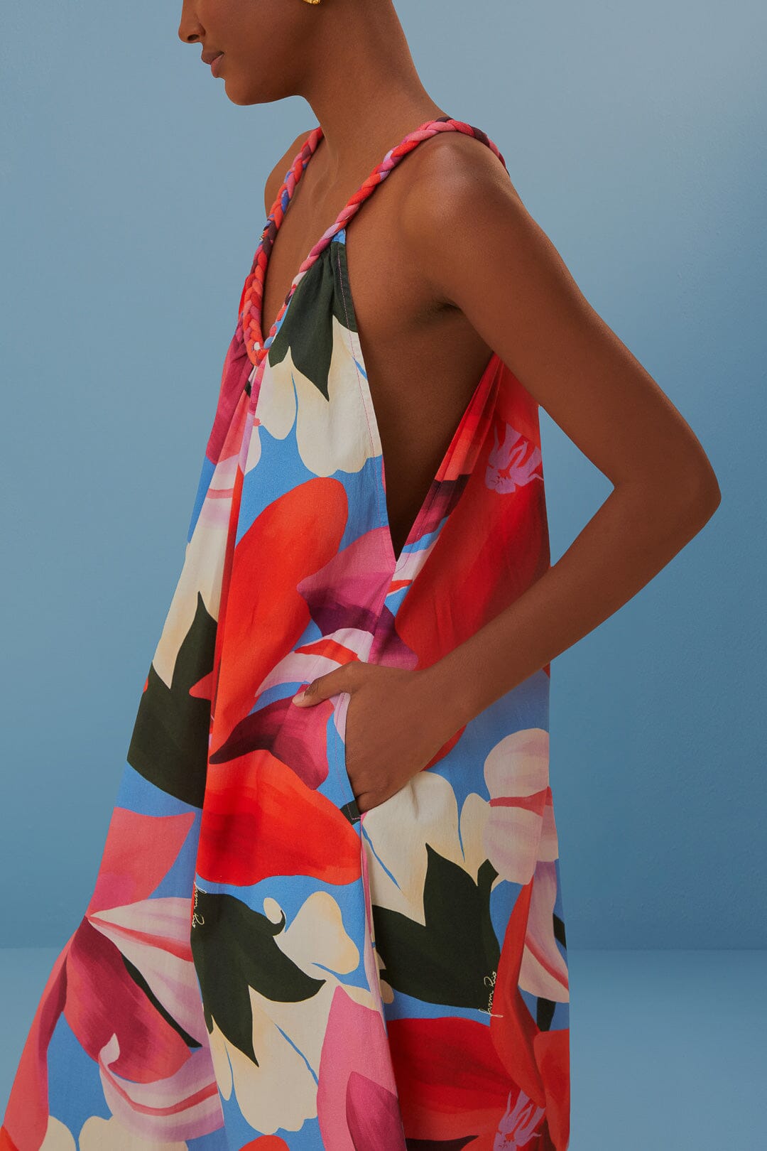 Robe midi à bretelles à fleurs aquarelle en coton - Bleu