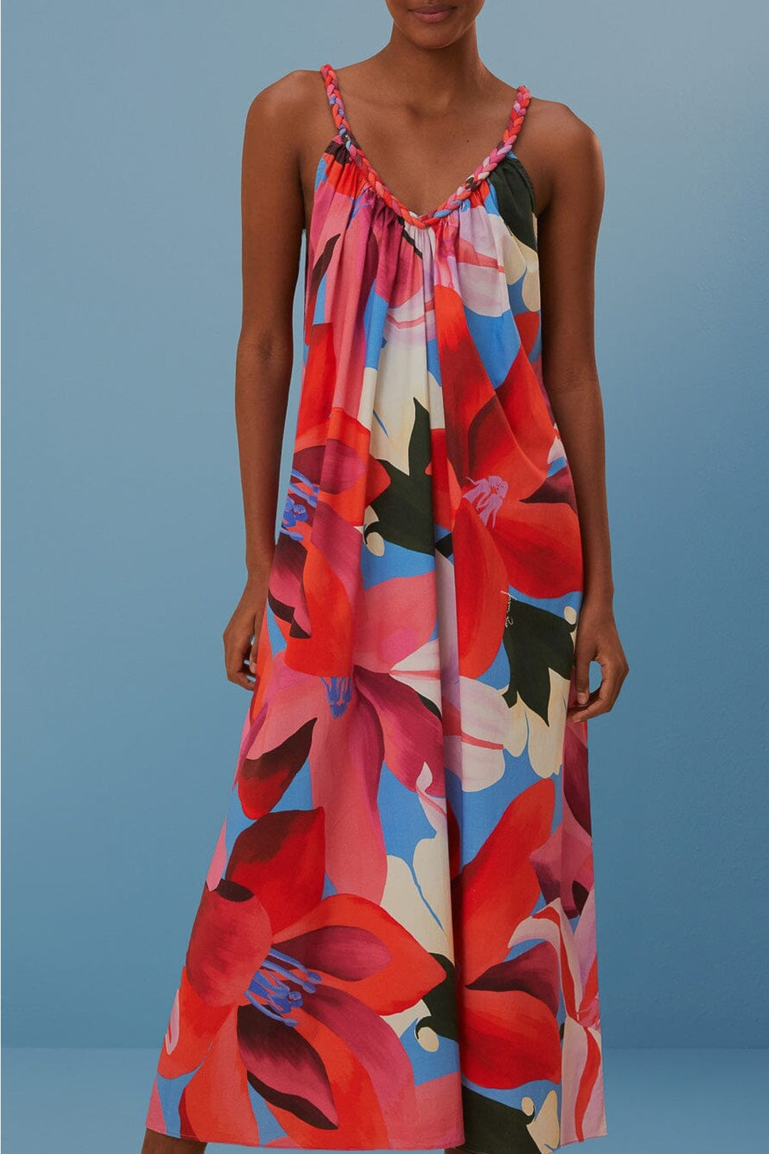 Robe midi à bretelles à fleurs aquarelle en coton - Bleu