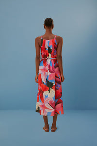 Robe midi à bretelles à fleurs aquarelle en coton - Bleu