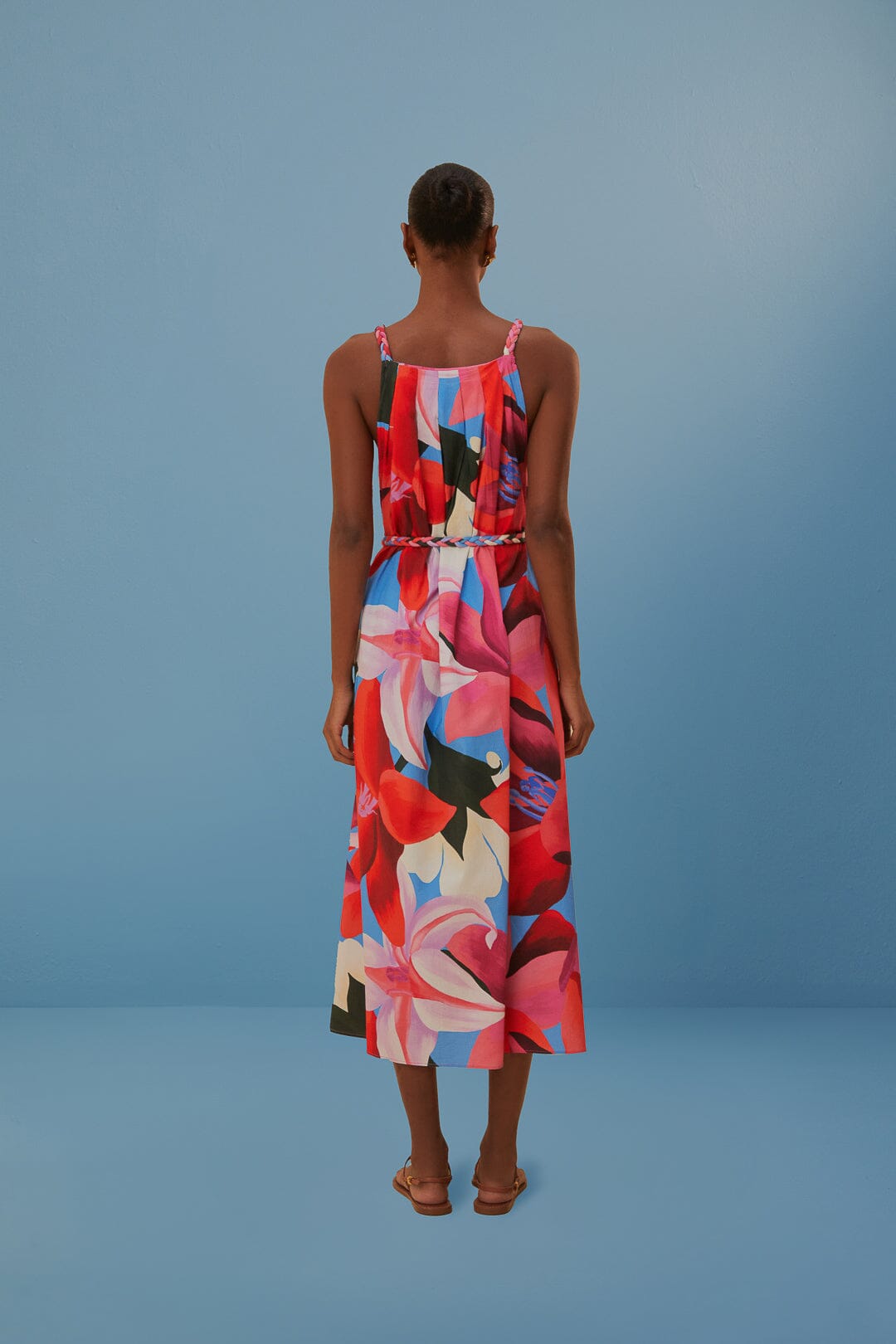 Robe midi à bretelles à fleurs aquarelle en coton - Bleu