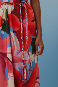 Robe midi à bretelles à fleurs aquarelle en coton - Bleu