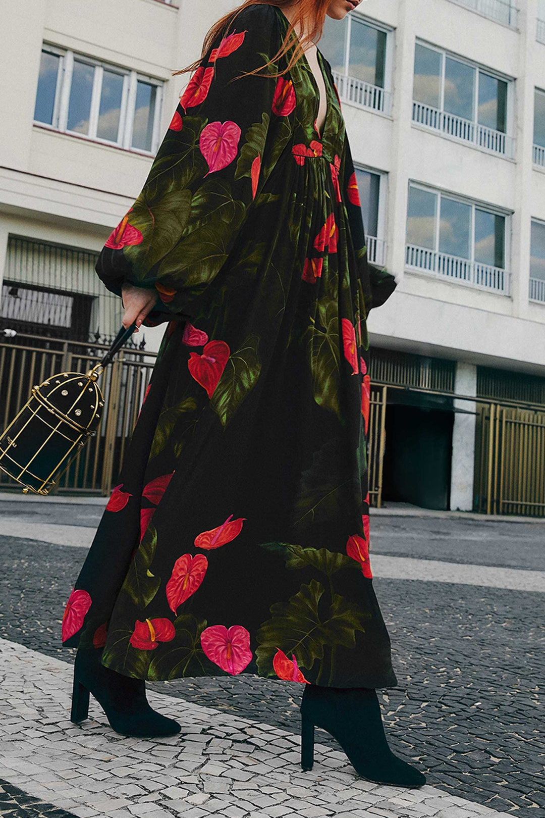 Robe longue Anthurium à col V - Noir