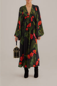 Robe longue Anthurium à col V - Noir