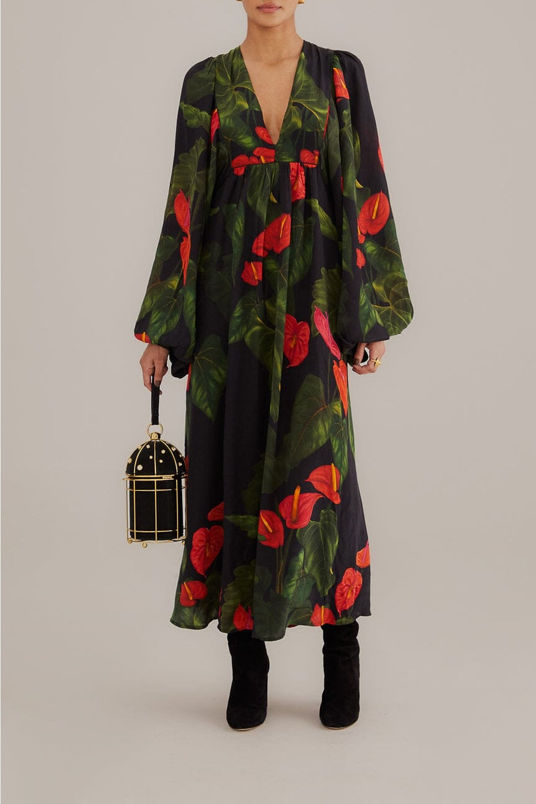 Robe longue Anthurium à col V - Noir