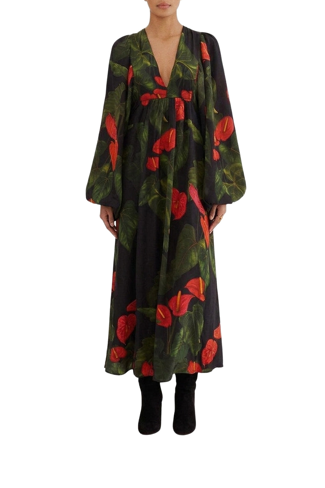 Robe longue Anthurium à col V - Noir