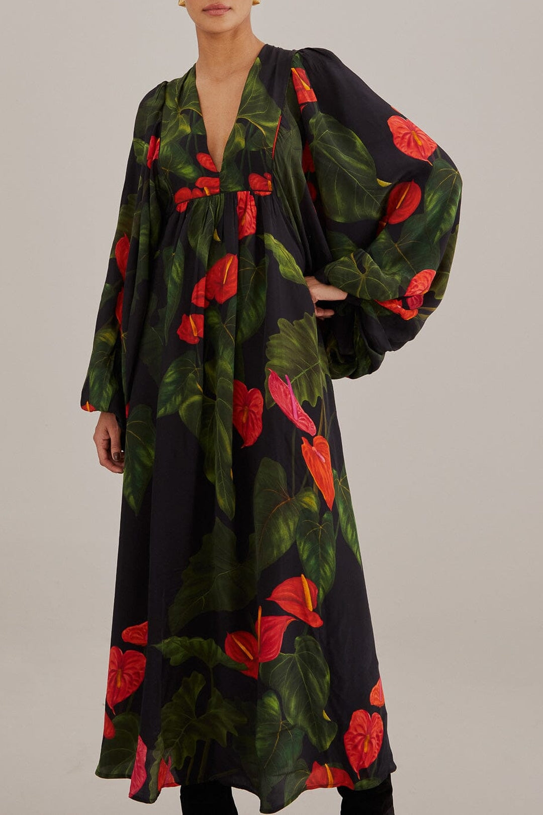 Robe longue Anthurium à col V - Noir