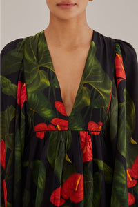 Robe longue Anthurium à col V - Noir