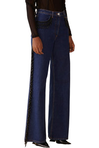 Pantalon large à franges perlées en coton - Bleu