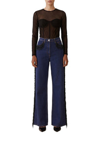 Pantalon large à franges perlées en coton - Bleu