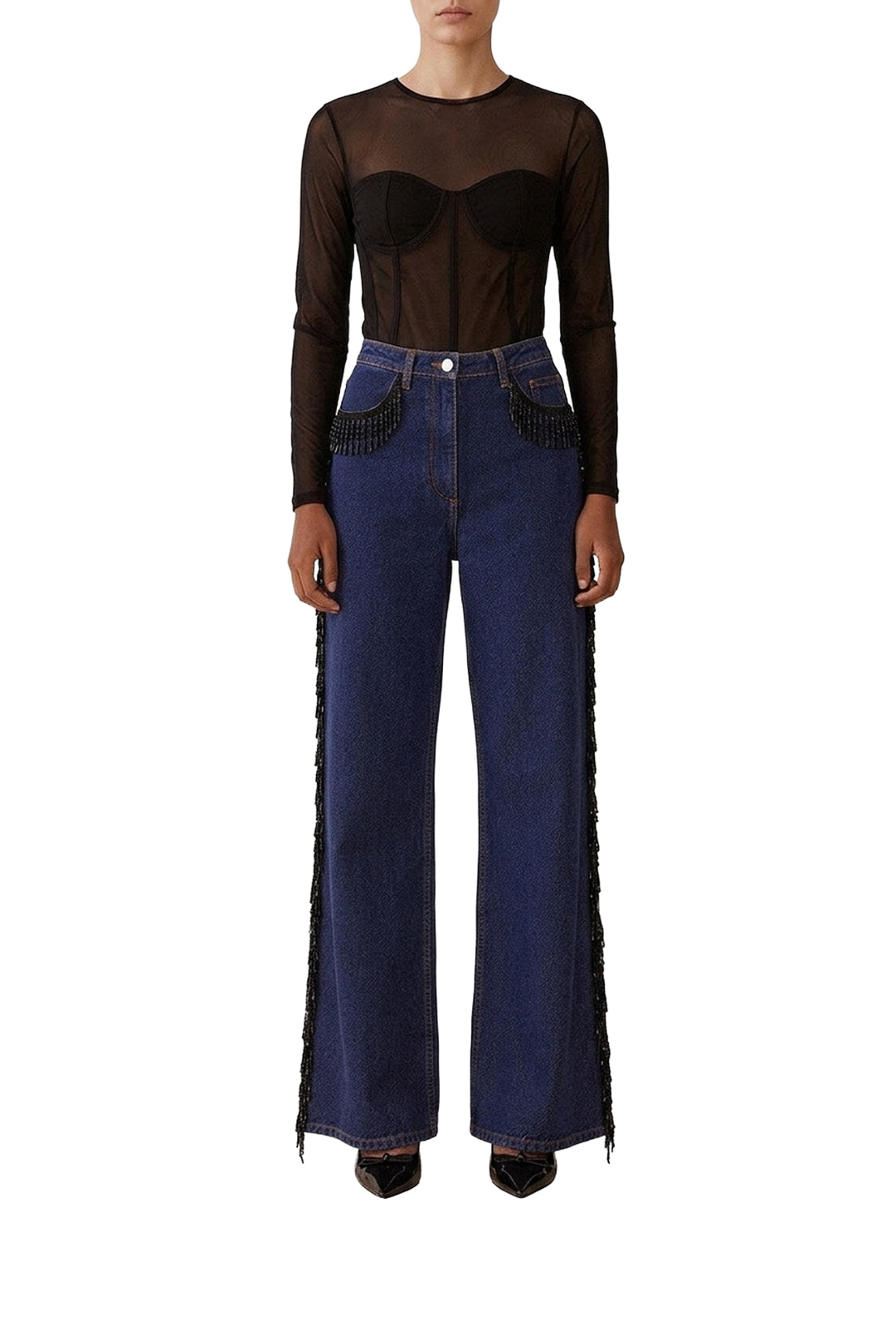 Pantalon large à franges perlées en coton - Bleu