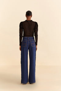 Pantalon large à franges perlées en coton - Bleu