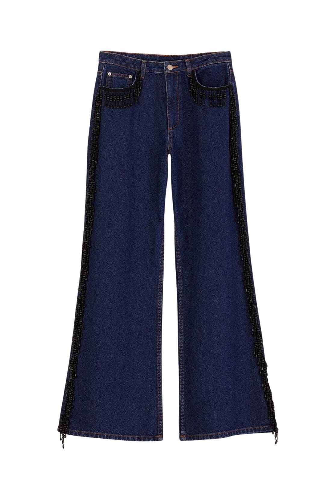 Pantalon large à franges perlées en coton - Bleu