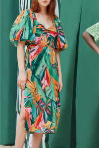 Robe midi à manches bouffantes en coton - Multicolore