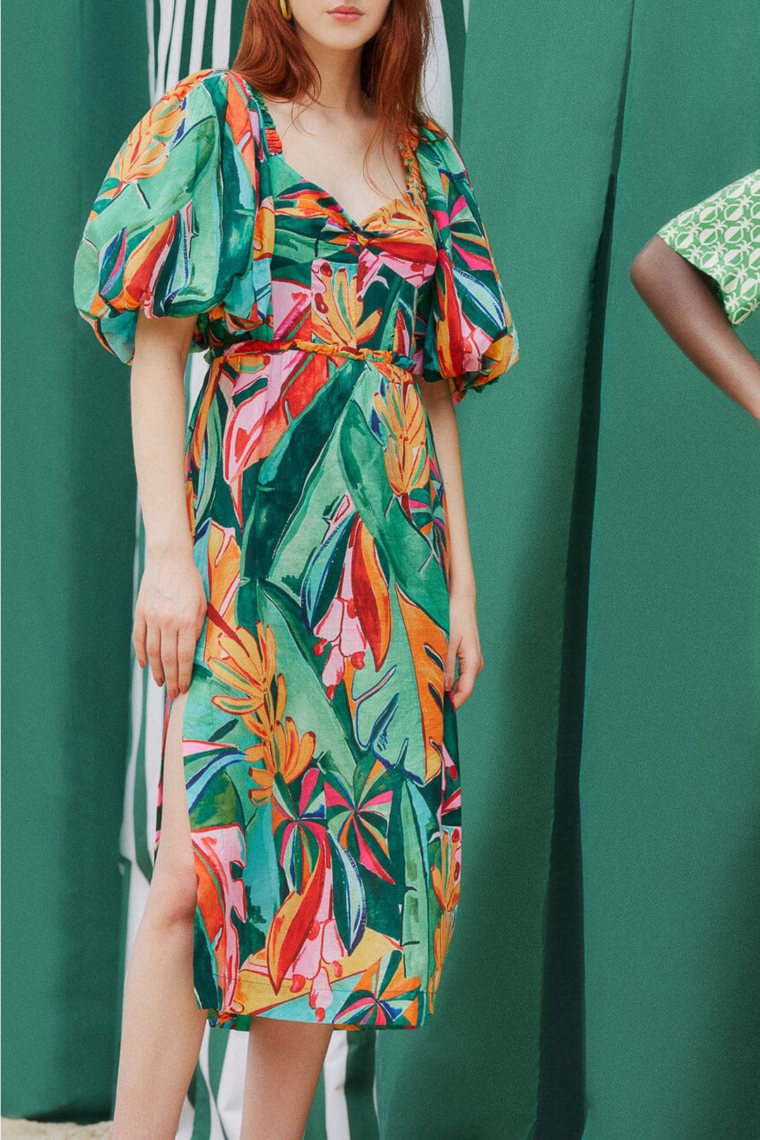 Robe midi à manches bouffantes en coton - Multicolore