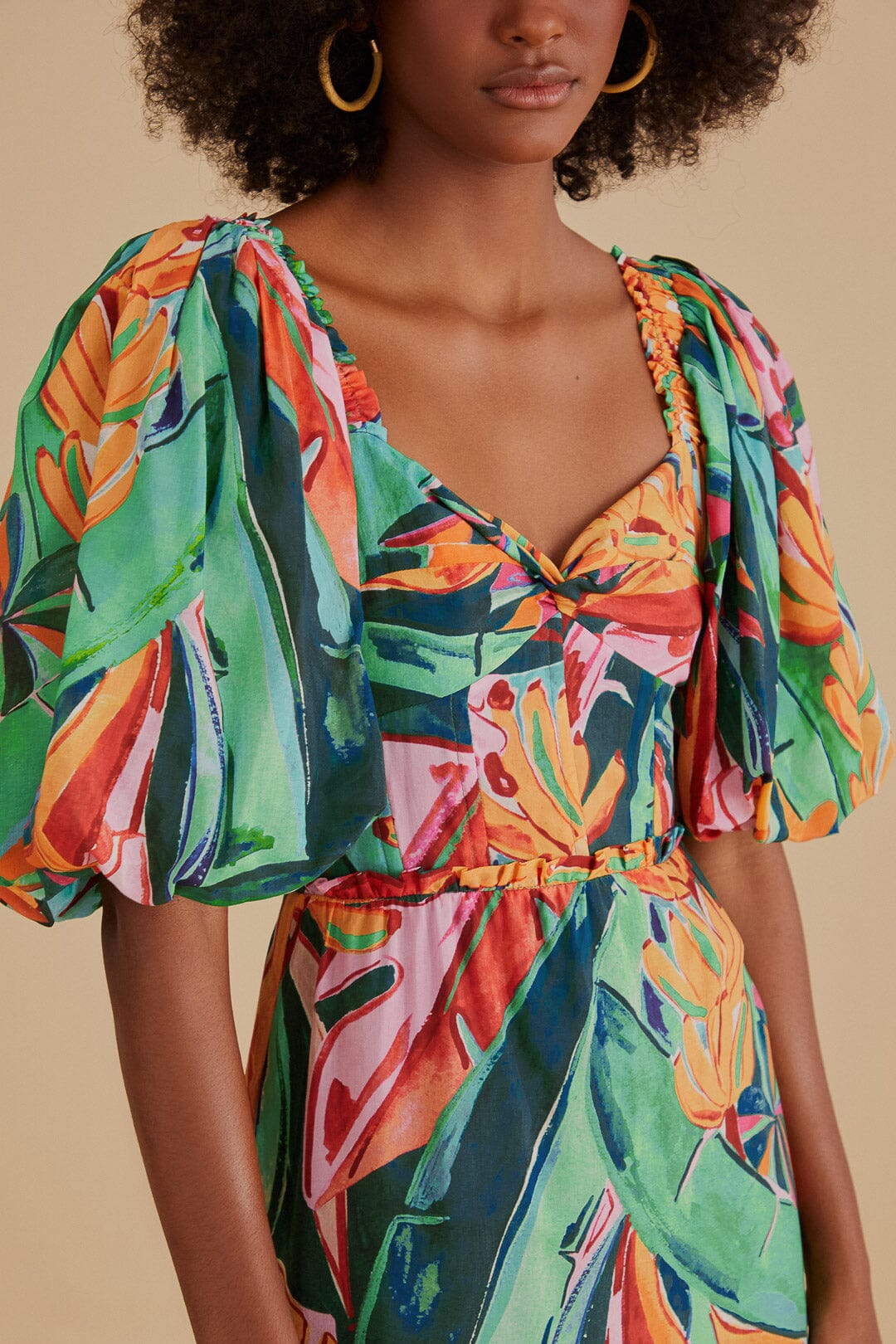 Robe midi à manches bouffantes en coton - Multicolore