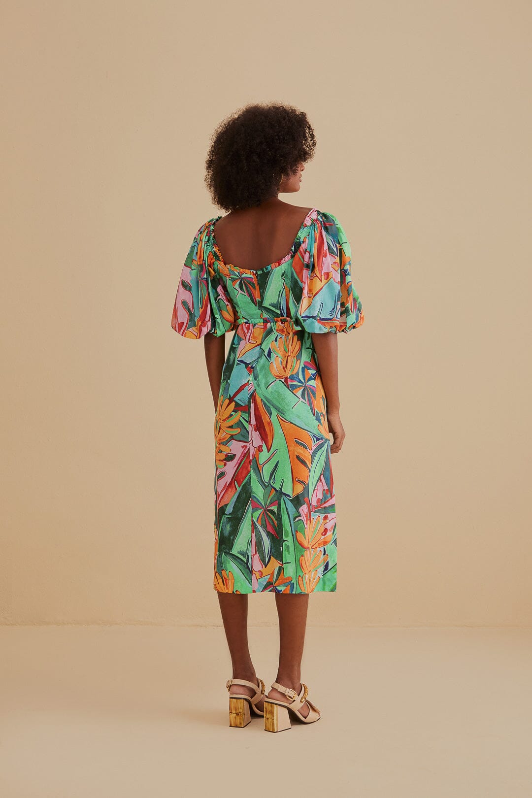 Robe midi à manches bouffantes en coton - Multicolore