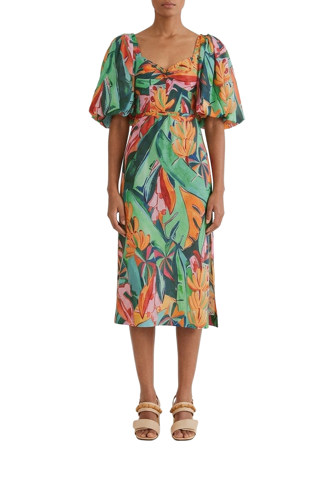 Robe midi à manches bouffantes en coton - Multicolore